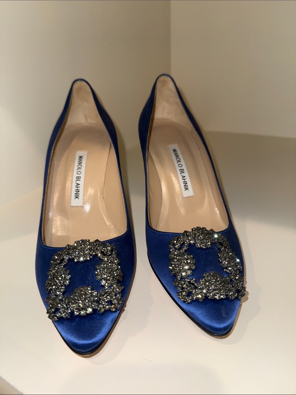 Manolo Blahnik Royal Blue Satin Crystal-Embellished Pointed-Toe Pumps - Picture 9 of 11